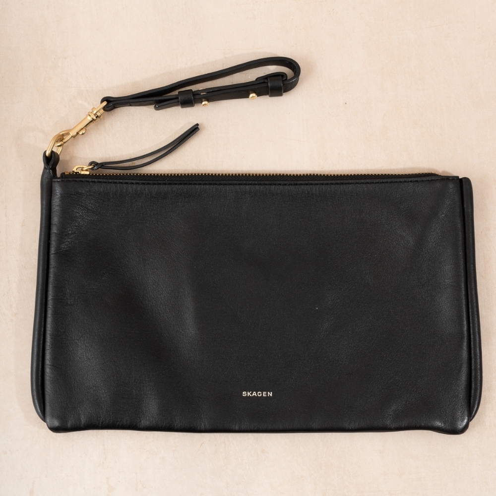 Skagen Black Leather Wristlet Clutch with Gold Accents